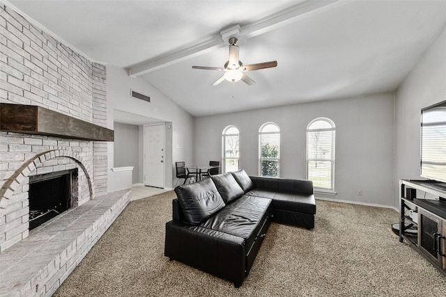 carpeted living room with visible vents, baseboards, ceiling fan, lofted ceiling with beams, and a fireplace