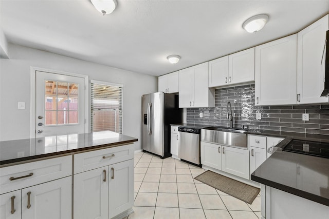 kitchen with a sink, dark countertops, white cabinetry, appliances with stainless steel finishes, and decorative backsplash