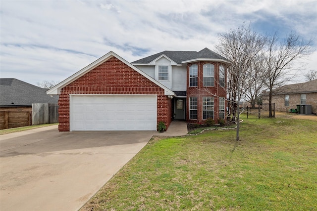 traditional-style house with a garage, brick siding, central AC unit, and fence