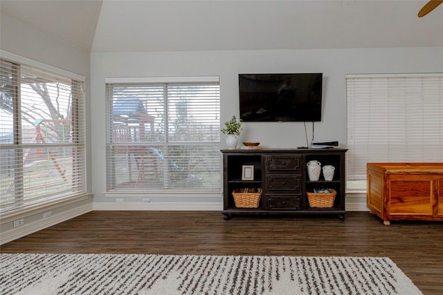 interior space with vaulted ceiling, baseboards, and wood finished floors