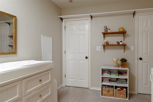 interior space with baseboards and light colored carpet