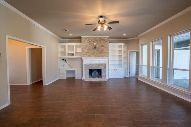 unfurnished living room with dark wood finished floors, recessed lighting, a fireplace, baseboards, and ceiling fan