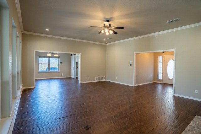 unfurnished living room featuring dark wood finished floors, baseboards, visible vents, and ceiling fan