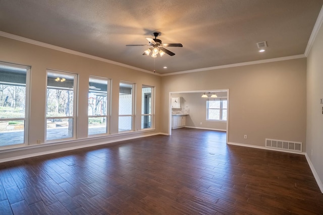 unfurnished living room featuring dark wood-style floors, a ceiling fan, and visible vents