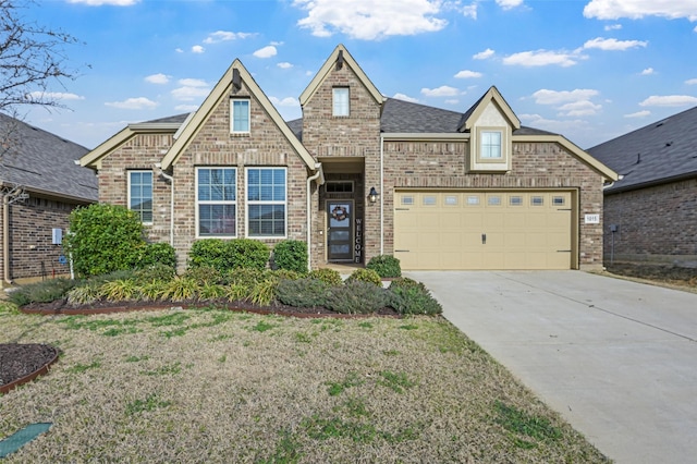 view of front facade with brick siding, concrete driveway, an attached garage, and a shingled roof