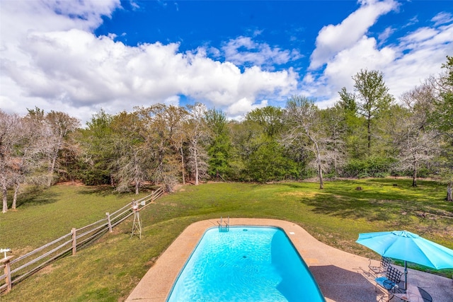 view of swimming pool featuring a fenced in pool, a lawn, a patio area, and fence