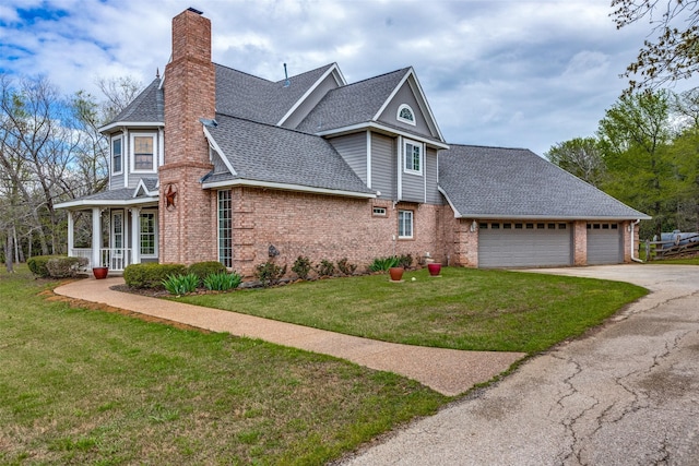 view of front facade featuring brick siding, an attached garage, and a front yard