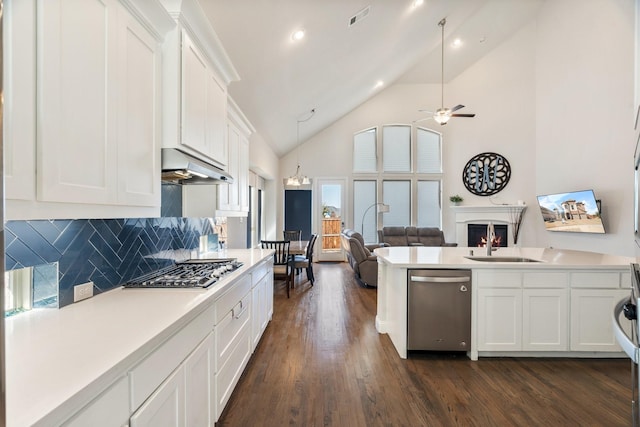 kitchen featuring visible vents, white cabinets, under cabinet range hood, appliances with stainless steel finishes, and open floor plan