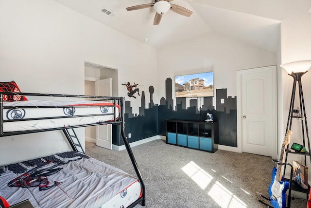 bedroom featuring visible vents, lofted ceiling, a ceiling fan, carpet floors, and baseboards