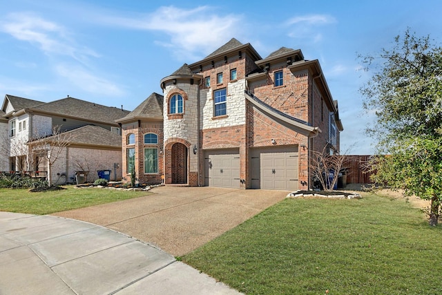 french country home featuring stone siding, brick siding, concrete driveway, and a front lawn