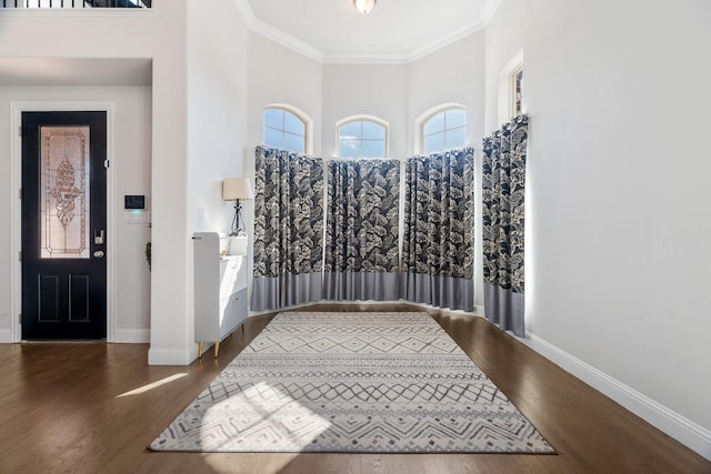 bathroom with crown molding, a high ceiling, wood finished floors, and baseboards