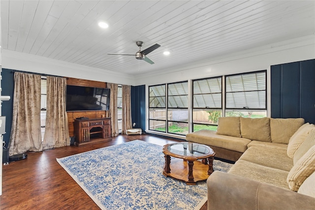 living area with wood finished floors, recessed lighting, crown molding, wood ceiling, and ceiling fan