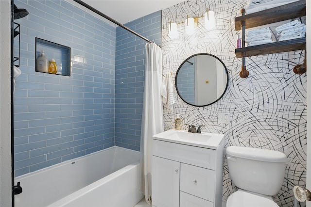 full bath with toilet, vanity, and shower / bath combination with curtain