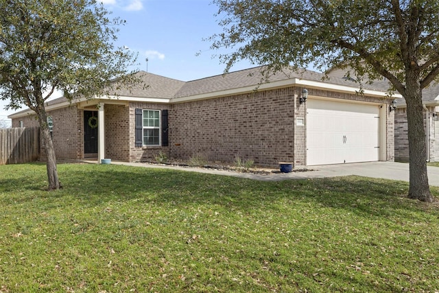 single story home with fence, concrete driveway, a front yard, a garage, and brick siding