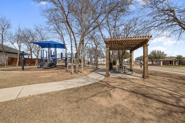 exterior space with playground community and a pergola