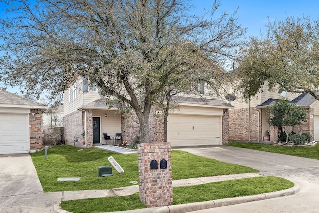 view of property hidden behind natural elements with brick siding, covered porch, driveway, and a front yard