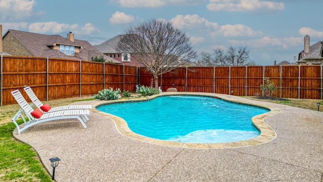 view of swimming pool with a patio area, a fenced in pool, and a fenced backyard