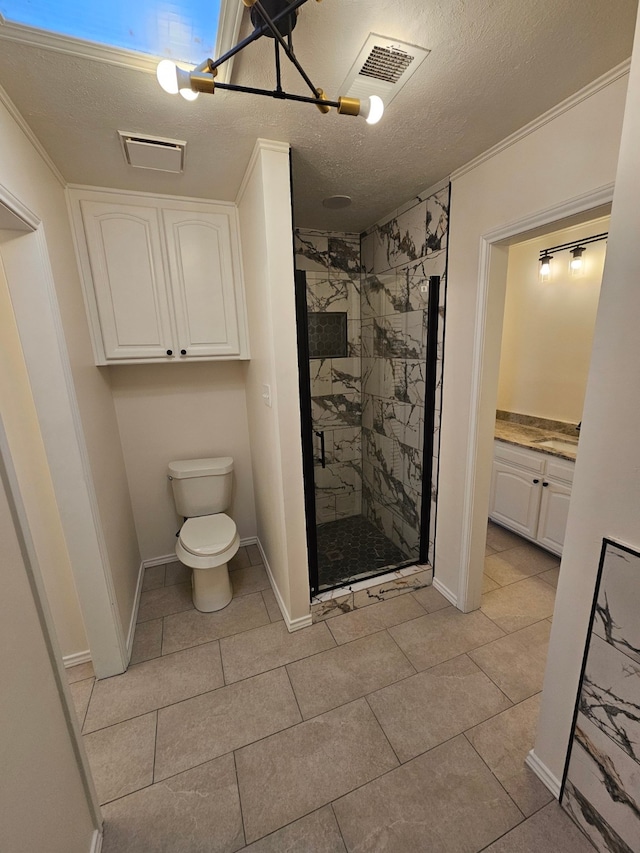 full bathroom with visible vents, a shower stall, a textured ceiling, and toilet