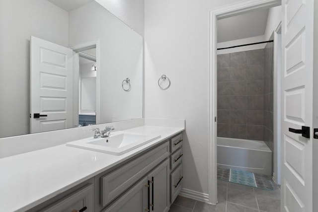 bathroom with shower / bathing tub combination, vanity, and tile patterned flooring