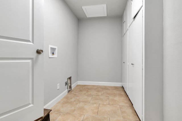 clothes washing area with baseboards, light tile patterned floors, laundry area, hookup for a washing machine, and hookup for an electric dryer