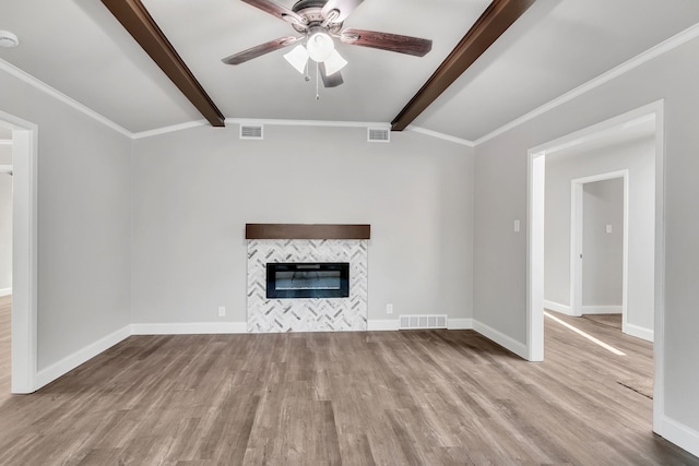 unfurnished living room with vaulted ceiling with beams, wood finished floors, visible vents, and ceiling fan