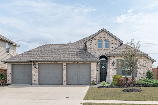 4152 Sanders Dr, Celina, TX 75009 - french country home with driveway, roof with shingles, and an attached garage