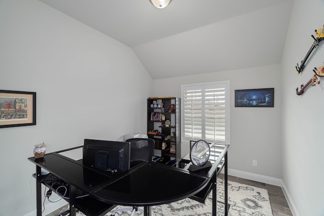 4152 Sanders Dr, Celina, TX 75009 - office space featuring baseboards, lofted ceiling, and wood finished floors