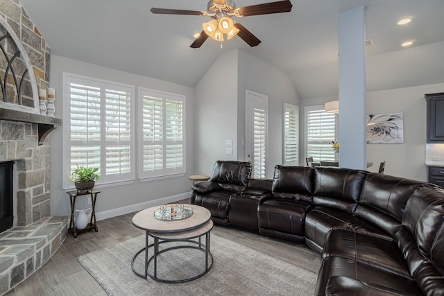 4152 Sanders Dr, Celina, TX 75009 - living area featuring vaulted ceiling, plenty of natural light, and a ceiling fan