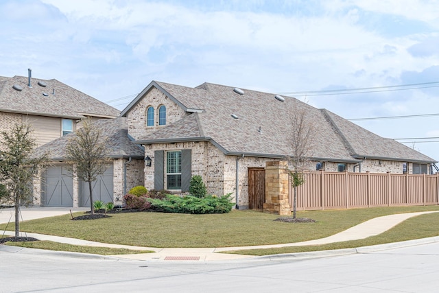4152 Sanders Dr, Celina, TX 75009 - french country inspired facade with a front lawn, fence, concrete driveway, a shingled roof, and brick siding