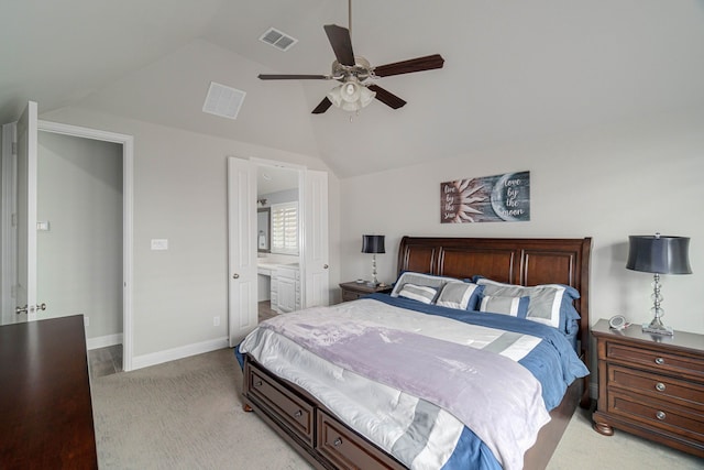 4152 Sanders Dr, Celina, TX 75009 - bedroom featuring visible vents, ensuite bath, baseboards, light colored carpet, and vaulted ceiling