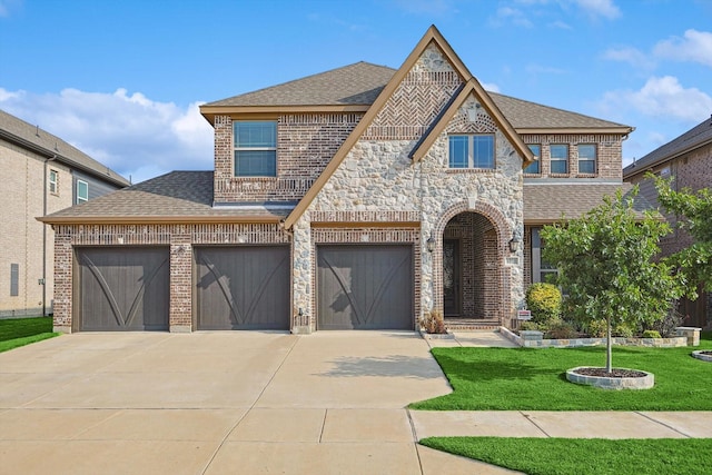 french country home featuring brick siding, driveway, a front lawn, and roof with shingles