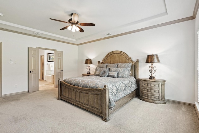 bedroom featuring visible vents, a raised ceiling, light colored carpet, and ornamental molding