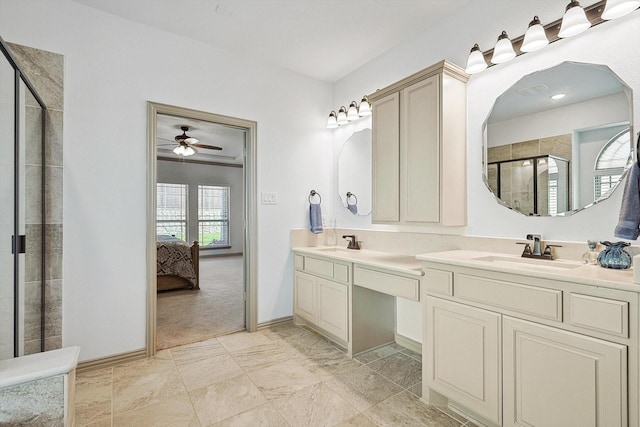 ensuite bathroom with ensuite bath, tiled shower, ceiling fan, and a sink