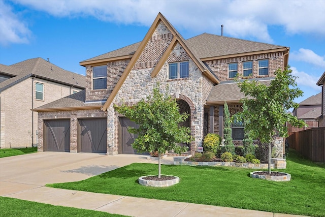 view of front of home featuring brick siding, a front lawn, and a shingled roof