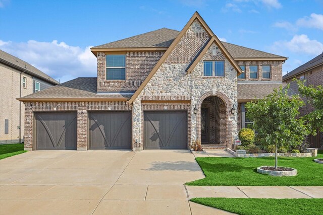 6015 Liverpool St, Celina, TX 76227 - view of front of house with brick siding, a shingled roof, concrete driveway, and a front lawn
