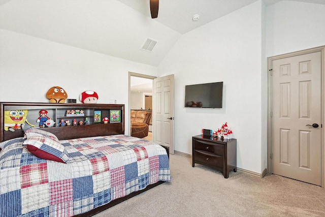 bedroom with visible vents, carpet, baseboards, ceiling fan, and vaulted ceiling