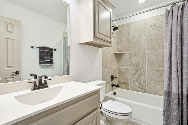 full bath featuring vanity, toilet, and shower / bath combo with shower curtain