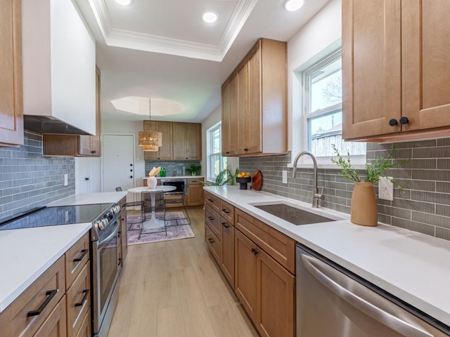 kitchen featuring a tray ceiling, ornamental molding, a sink, light countertops, and appliances with stainless steel finishes