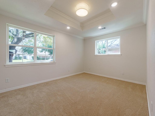 spare room with visible vents, light carpet, ornamental molding, a tray ceiling, and recessed lighting