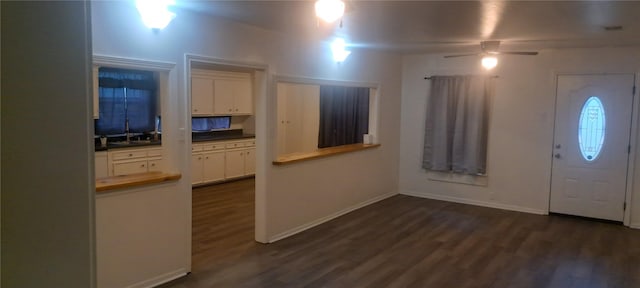 foyer entrance featuring baseboards, dark wood-style floors, and a ceiling fan