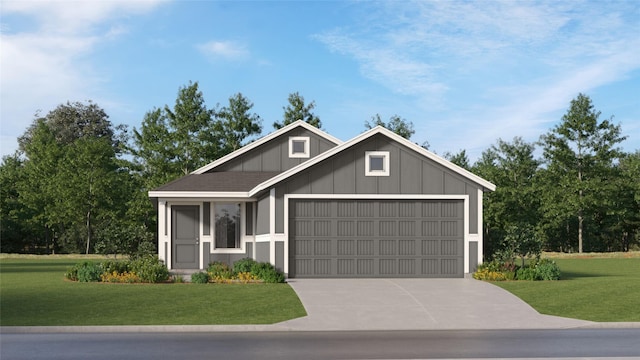 view of front of property featuring an attached garage, board and batten siding, concrete driveway, and a front lawn