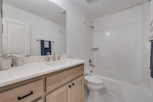 full bathroom with vanity, toilet, washtub / shower combination, and marble finish floor