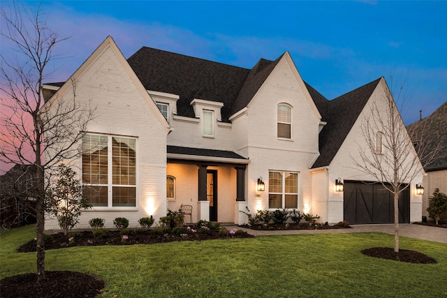 french country home with brick siding, driveway, and a front yard