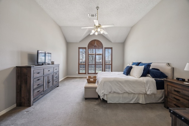 bedroom with visible vents, light carpet, lofted ceiling, a textured ceiling, and baseboards