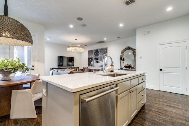 kitchen with dishwasher, dark wood-type flooring, recessed lighting, and a sink