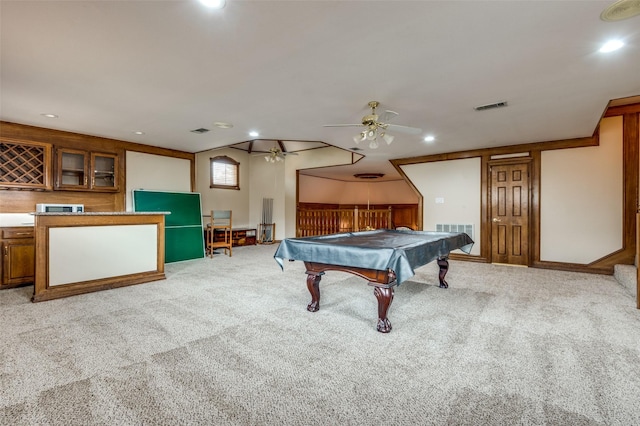 playroom with light carpet, visible vents, recessed lighting, and a ceiling fan