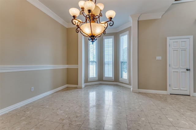 tiled spare room with crown molding, baseboards, and a chandelier