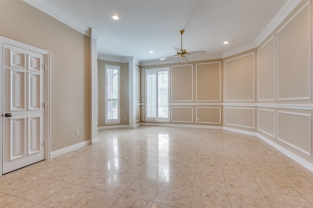 spare room featuring light tile patterned floors, a ceiling fan, recessed lighting, ornamental molding, and a decorative wall