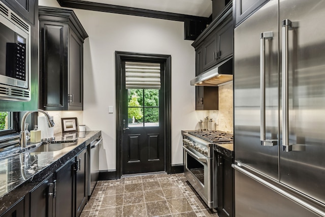 kitchen featuring under cabinet range hood, dark stone counters, ornamental molding, high end appliances, and a sink