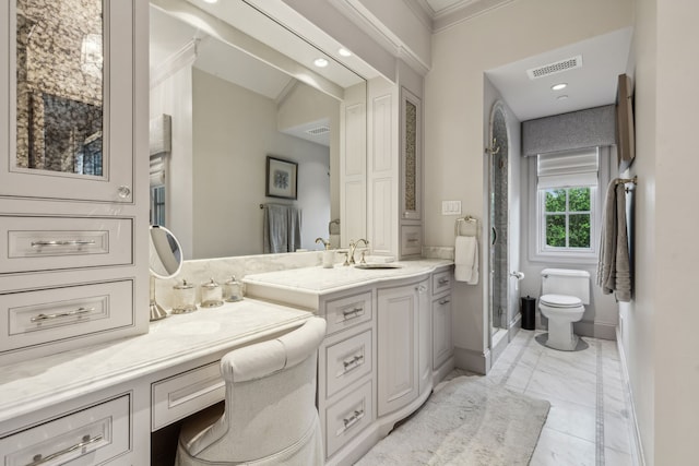 bathroom featuring visible vents, double vanity, a stall shower, a sink, and marble finish floor